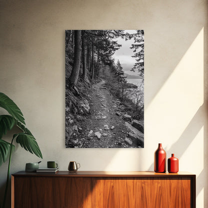 Forest Pathway Trail, Wilderness Escape, Black and White Framed Canvas Print