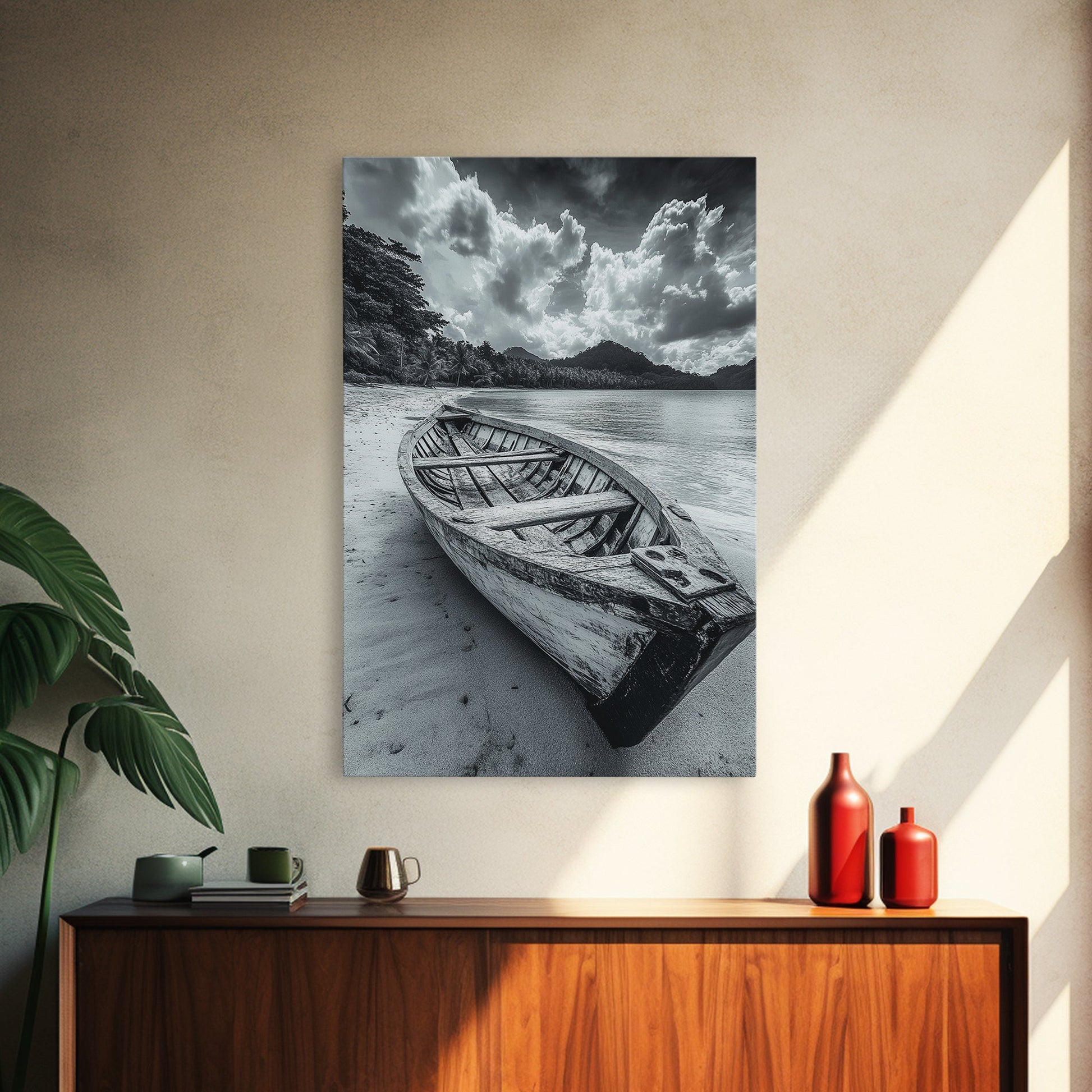 Abandoned Rowboat, Tropical Coastline, Vintage Travel Vibes, Black and White Canvas Print, Beach House or Coastal Living Wall Art