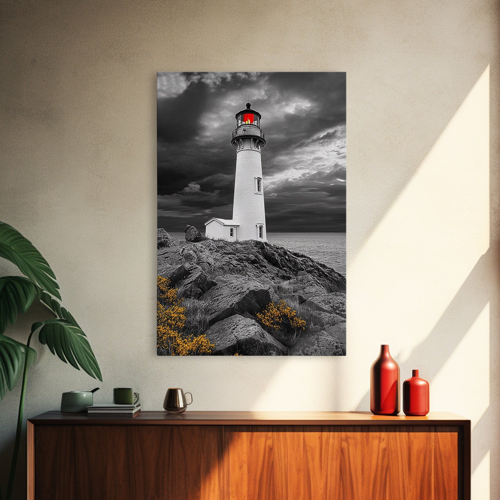 Red Beacon Lighthouse, Rocky Coast Light, Dramatic Storm Sky, Ocean Guide, Framed Canvas Print