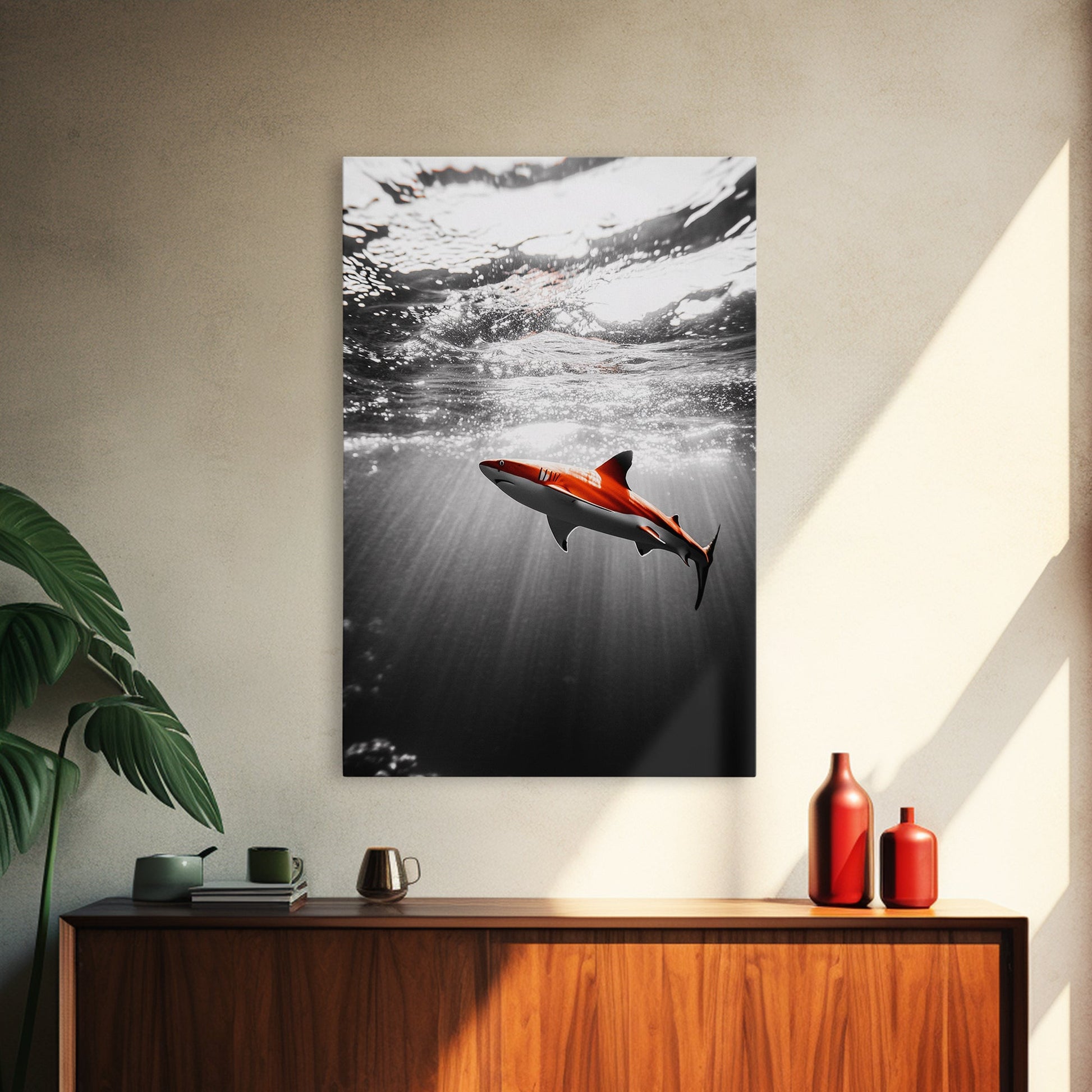 Red Shark, Underwater Scene, Ocean Light Rays, Color Contrast, Canvas Print