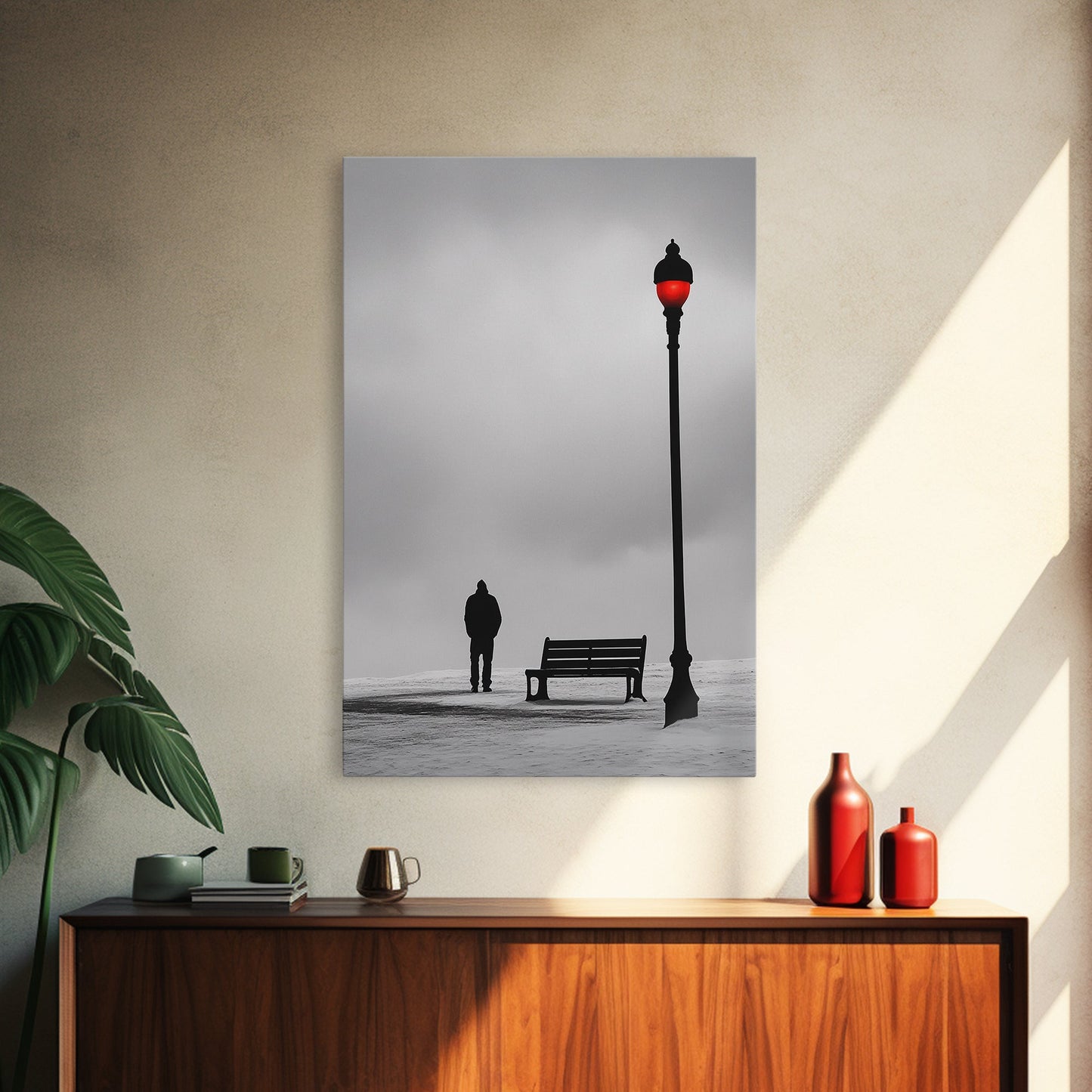 Red Street Lamp, Snowy Walkway, Silhouette Scene, Framed Canvas Print, Moody Wall Art