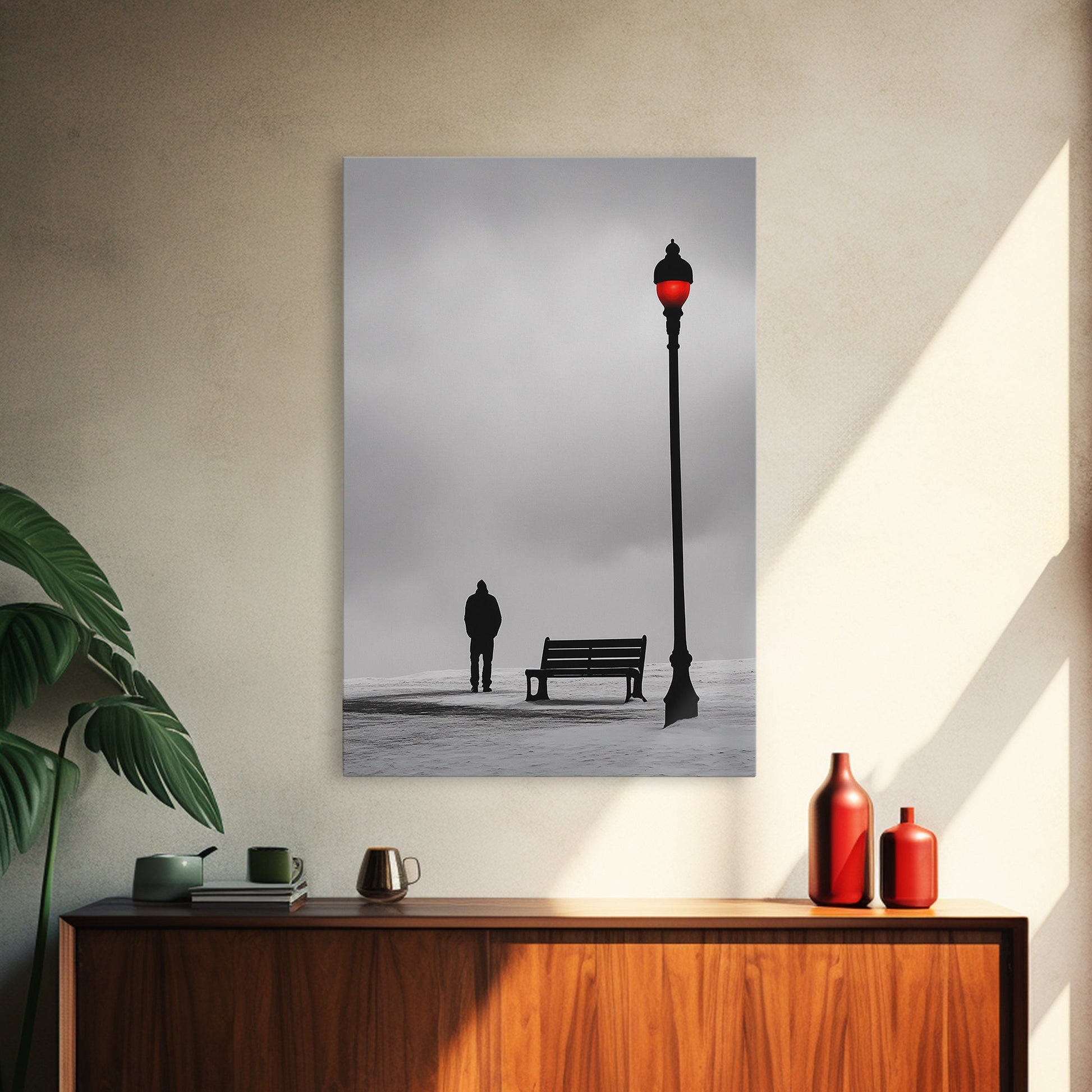 Red Street Lamp, Snowy Walkway, Silhouette Scene, Framed Canvas Print, Moody Wall Art