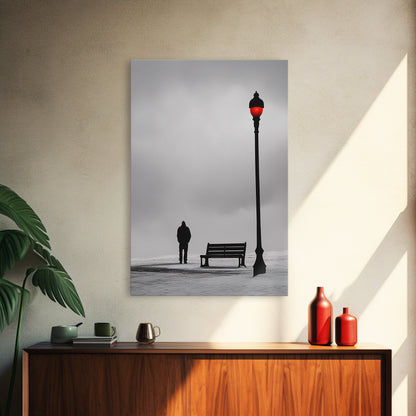 Red Street Lamp, Snowy Walkway, Silhouette Scene, Framed Canvas Print, Moody Wall Art