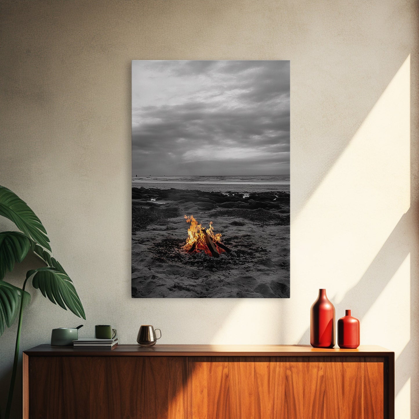 Beach bonfire, coastal art, ocean sunset, nautical decor, seascape painting, cozy fire