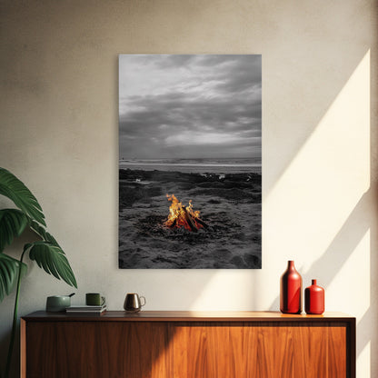 Beach bonfire, coastal art, ocean sunset, nautical decor, seascape painting, cozy fire