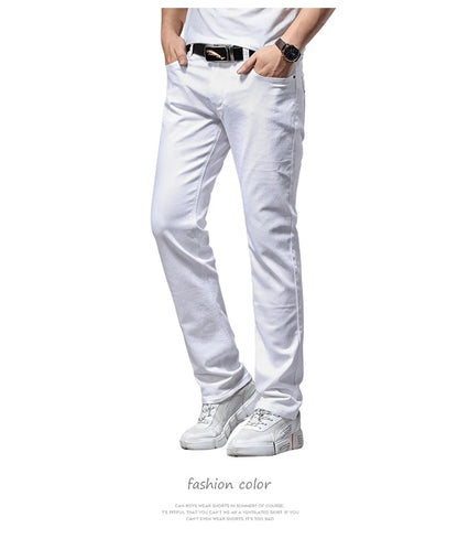 Men's Elastic Slim White Jeans - Korean Fashion Slim Fit Denim Trousers