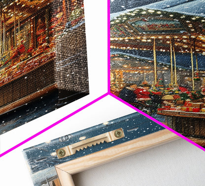 Snowy Night Market Carousel Framed Canvas Wall Decor