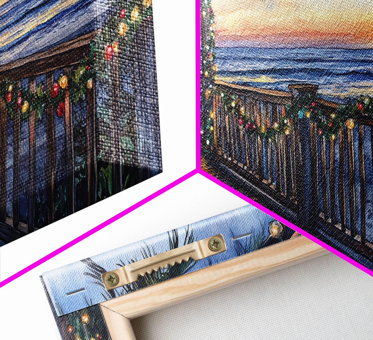 Coastal Christmas Porch Canvas Print with Surfboards