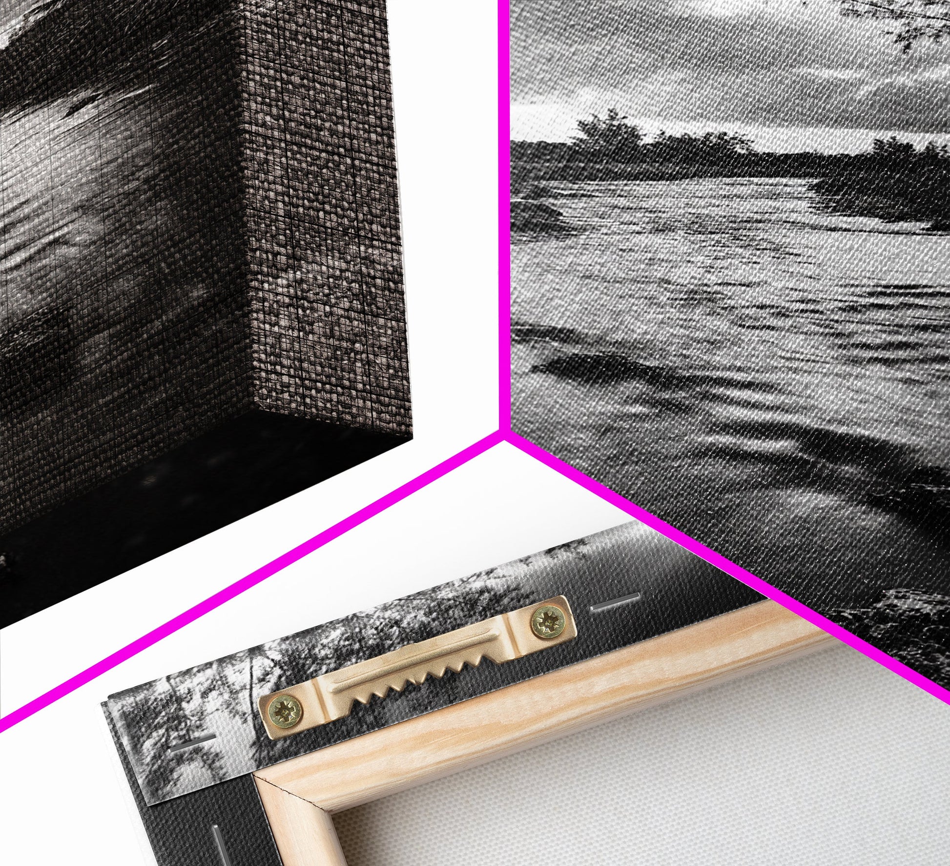 River Flow, Storm Clouds, Nature Trees, Monochrome Scene, Framed Canvas Print