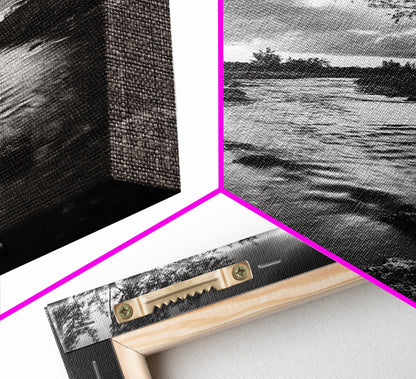 River Flow, Storm Clouds, Nature Trees, Monochrome Scene, Framed Canvas Print