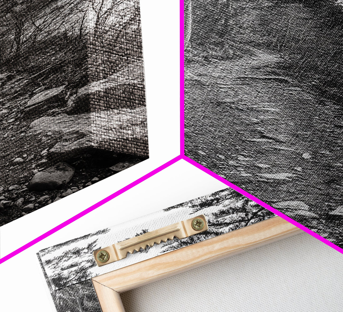 Forest Pathway Trail, Wilderness Escape, Black and White Framed Canvas Print