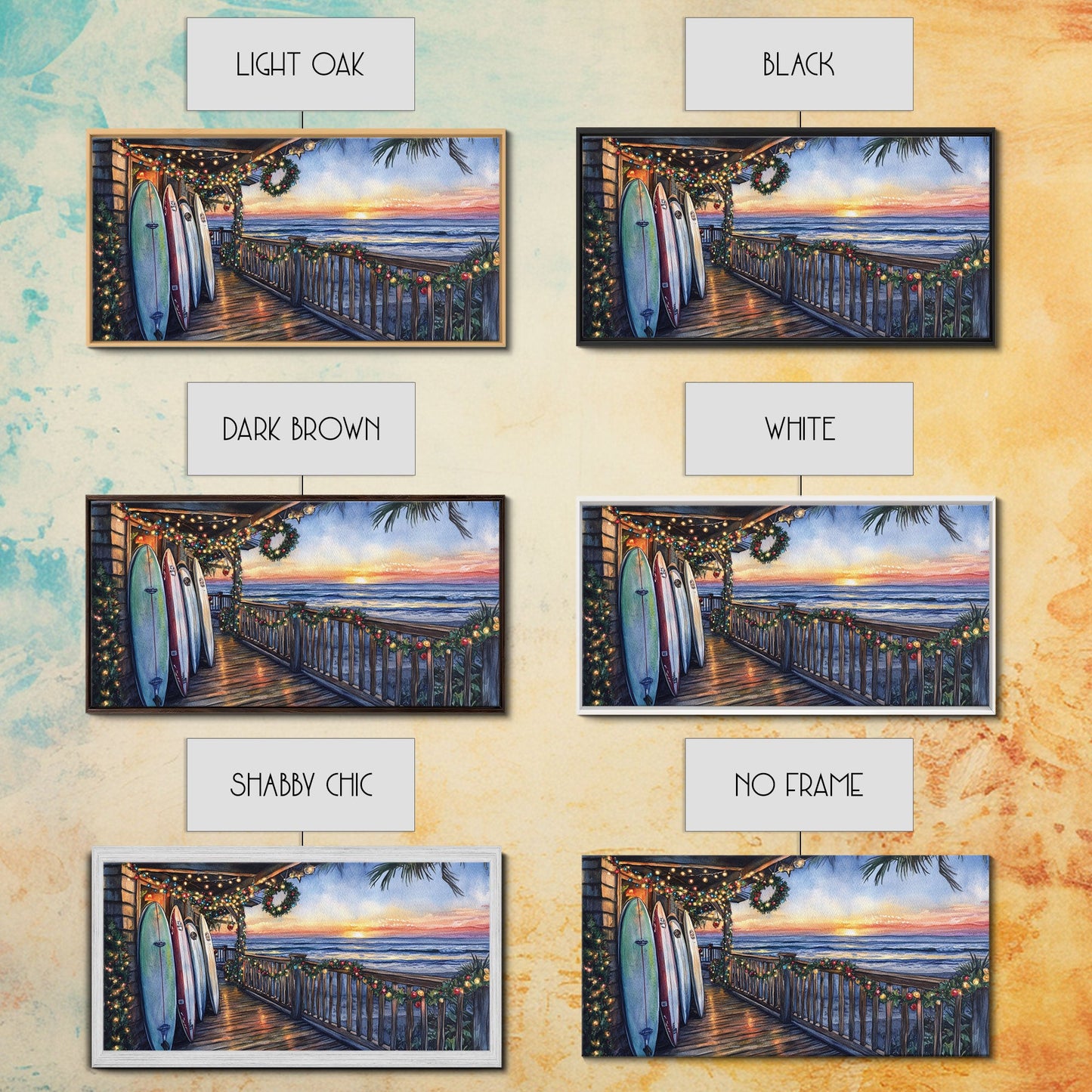 Coastal Christmas Porch Canvas Print with Surfboards