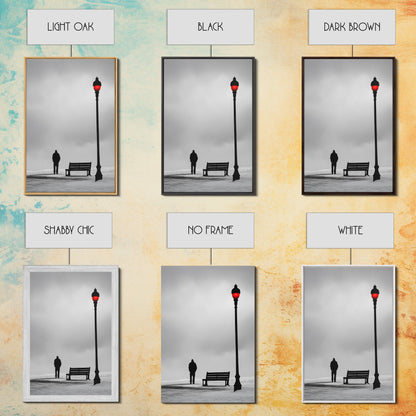 Red Street Lamp, Snowy Walkway, Silhouette Scene, Framed Canvas Print, Moody Wall Art