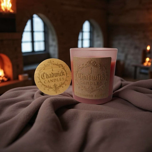 Cashmere Ember – Premium Coconut Apricot Crème Candle with Wood Wick in Pink Glass