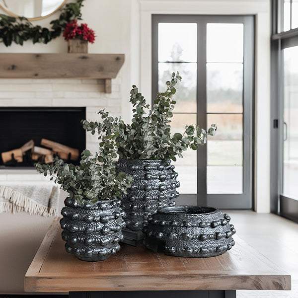 Handcrafted Textured Matte Black Outdoor Planters – Set of 3