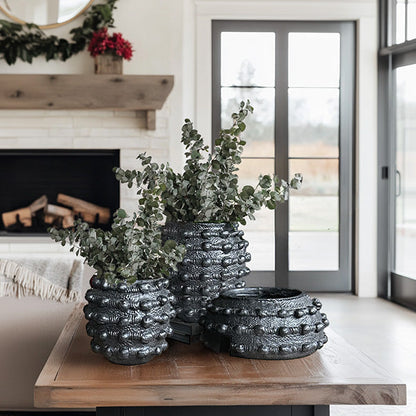 Handcrafted Textured Matte Black Outdoor Planters – Set of 3