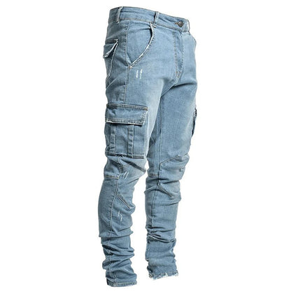 Street Elastic Jeans - Men's Denim Cargo Pants with Multi Pockets