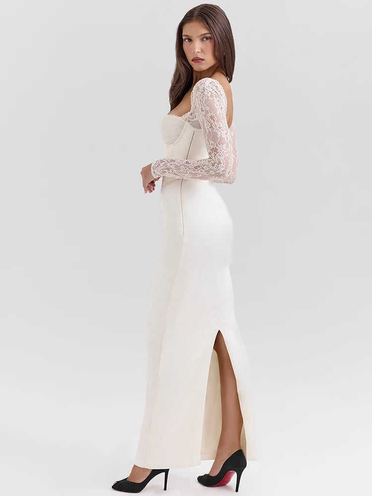 White Lace Maxi Dress - Long Sleeve, Backless, and Back Split Design