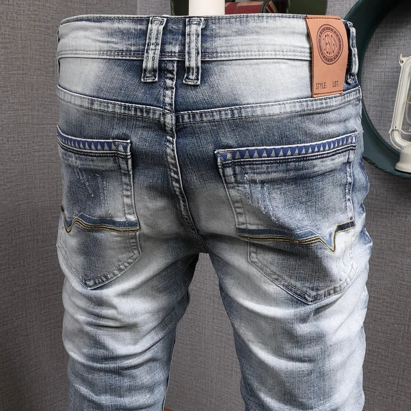 Retro Light Blue Slim Fit Ripped Jeans - Vintage Casual Men's Trousers