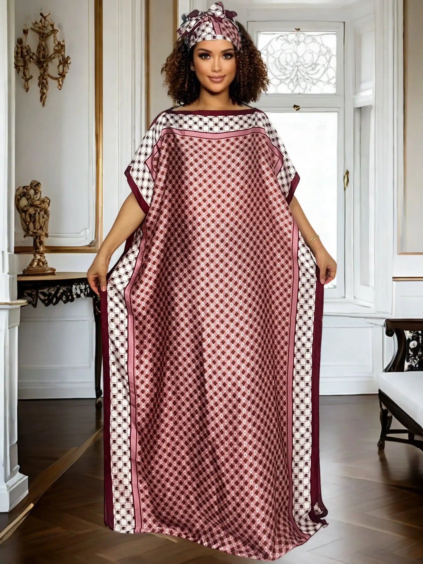 Women's Middle Eastern Kaftan Maxi Dress: Loose Fit, Elegant Abaya Gown with Scarf