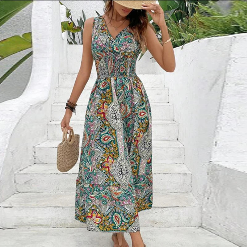 Women's Boho A-Line Maxi Dress - Summer Flower Print