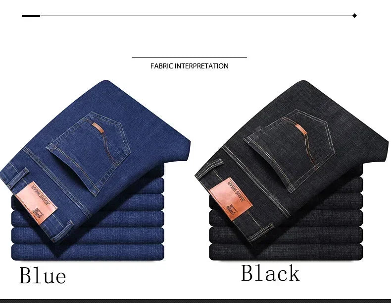 Spring Men's Slim-Fit Denim Pants - Black & Blue Classic Jeans