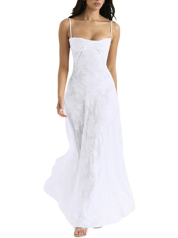 Women's Sheer Lace Boho Maxi Dress - Sleeveless Spaghetti Strap Party Dress