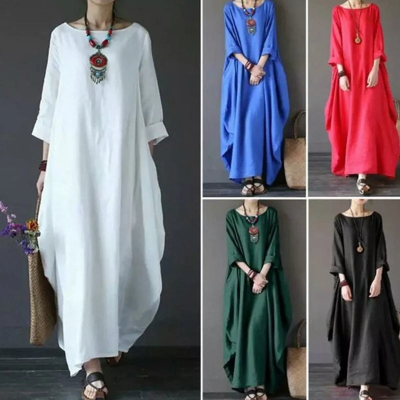 Women's Cotton Linen Loose Dress | Literary Boho Long Sleeve Kaftan Robe