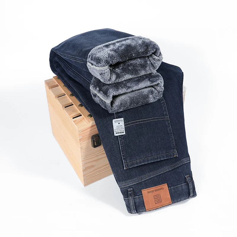 Straight Oversized Brushed Jeans - Warm Fleece Denim Trousers
