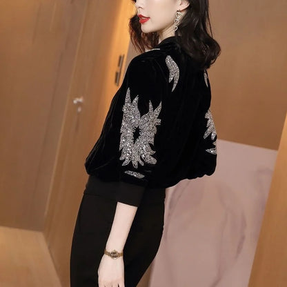 Luxury Rhinestone Crop Jacket - Women's Bomber Style Autumn Coat