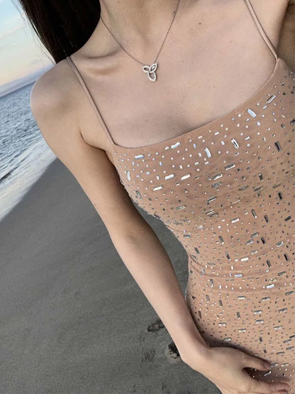 Sexy Mesh Rhinestone Bodycon Dress - Sleeveless Long Dress