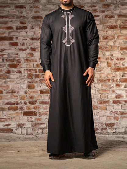 Men's Embroidered Islamic Thobe | Long-Sleeved Arabic Loose Robe Dress