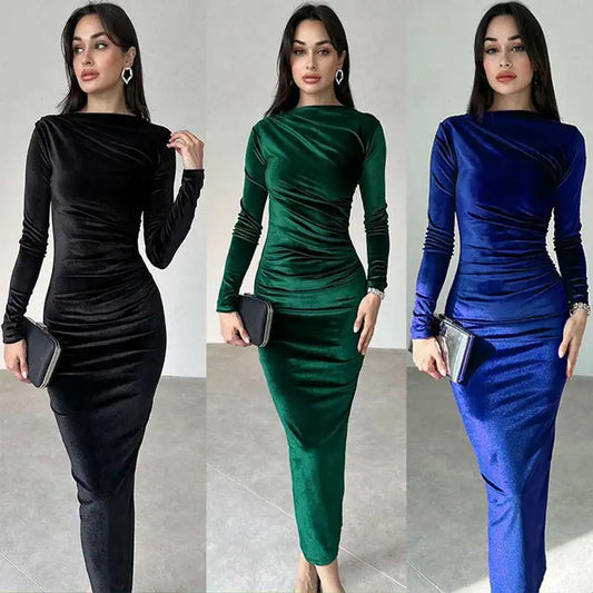 Velvet Midi Dress - Ruched Long Sleeve Evening Outfit