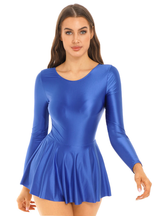 Women's Solid Color Long Sleeve Ruffled Dress - Round Neck
