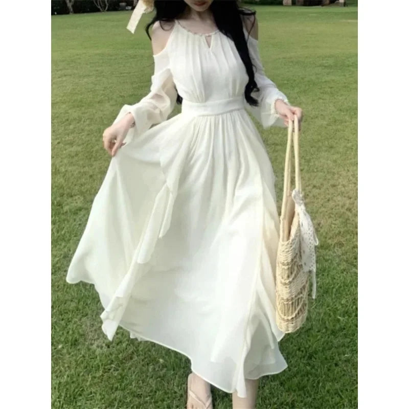 French Style Off-the-Shoulder Pearl Chiffon Beach Dress