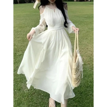French Style Off-the-Shoulder Pearl Chiffon Beach Dress