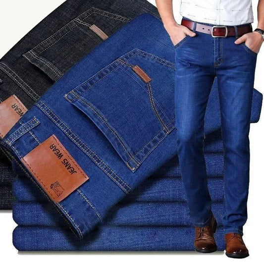 Spring Men's Slim-Fit Denim Pants - Black & Blue Classic Jeans