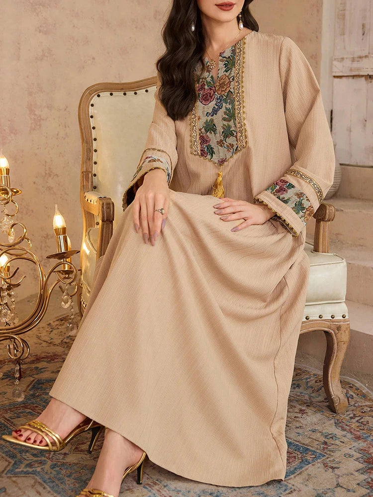 Women's Long Sleeve Floral Print Embroidery Tassel Loose Traditional Dresses