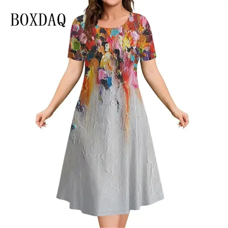 Women’s Dresses 3D Flowers Pattern Short Sleeve Clothing