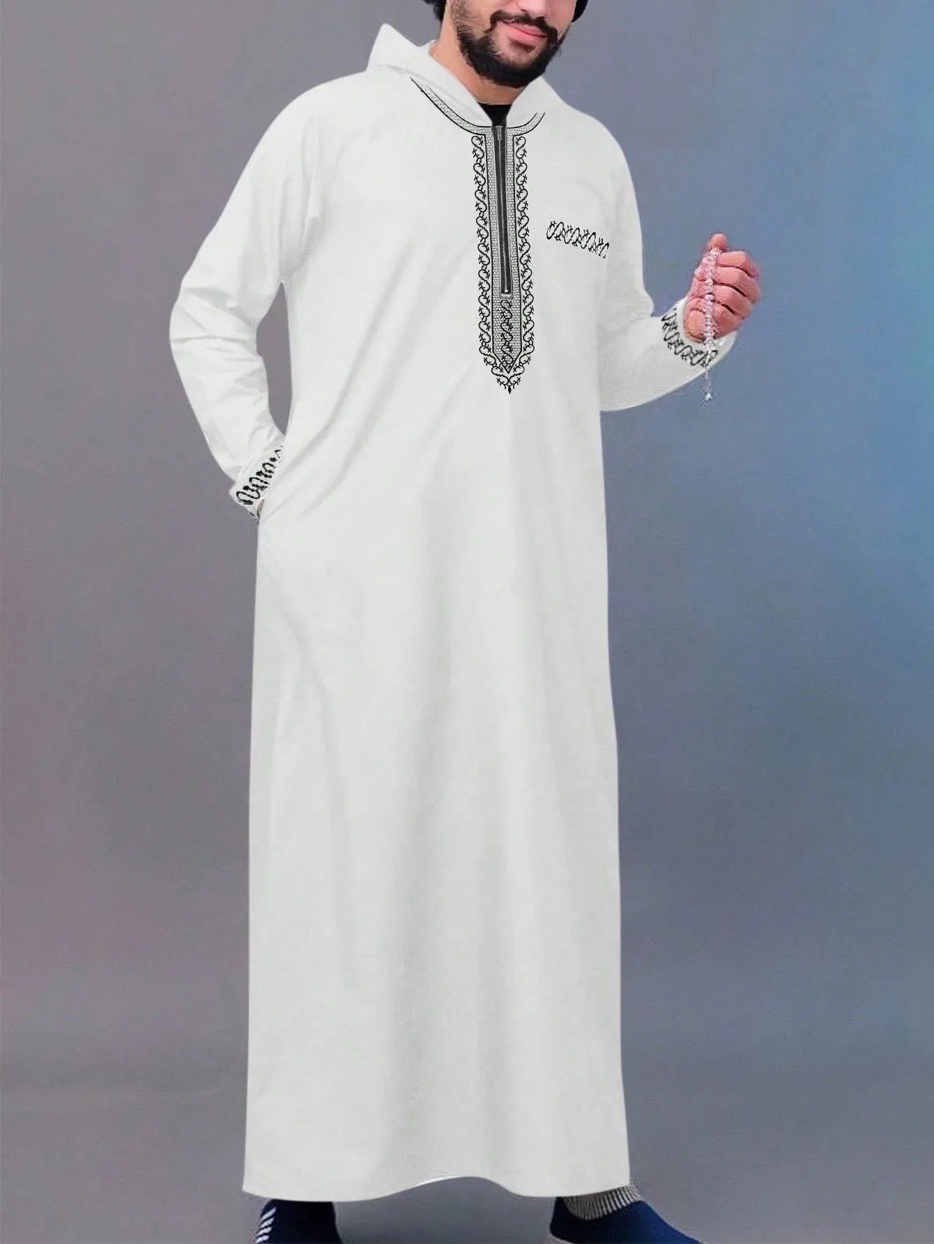 Men's Embroidered Islamic Thobe | Long-Sleeved Arabic Loose Robe Dress