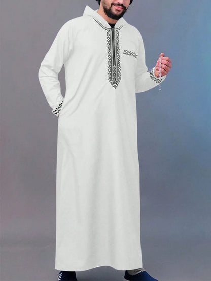 Men's Embroidered Islamic Thobe | Long-Sleeved Arabic Loose Robe Dress