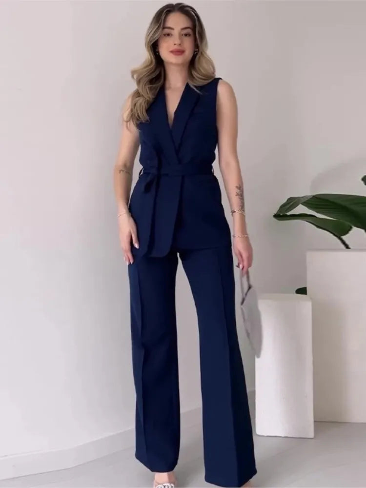 Elegant Solid Color 2-Piece Suit - Sleeveless Top with Long Pants