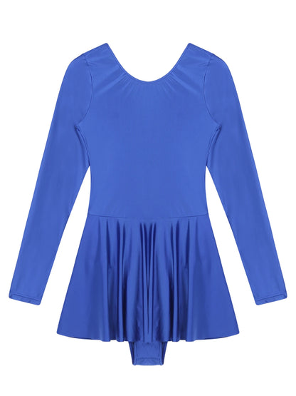 Women's Solid Color Long Sleeve Ruffled Dress - Round Neck