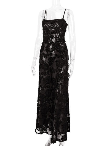 Women's Sheer Lace Boho Maxi Dress - Sleeveless Spaghetti Strap Party Dress