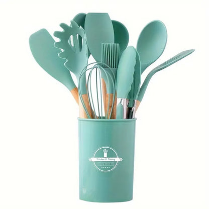 12Set of Wooden Handle Silicone Kitchen Tools Non-Stick Pan Cooking set