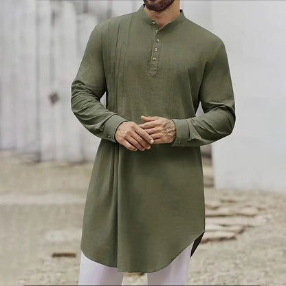 Men's Islamic Cotton Linen Shirt - Stand Collar Kurta Robe