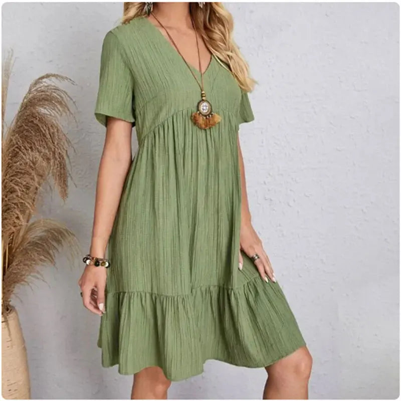 Women's Summer Peplum Dress - V-Neck Short Sleeve Ruffle Fit Flare