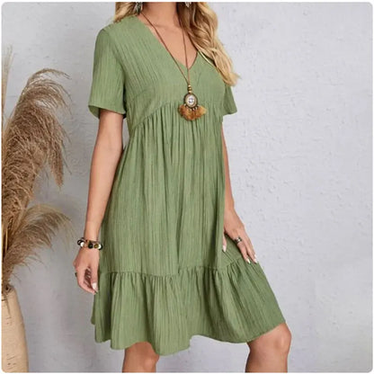 Women's Summer Peplum Dress - V-Neck Short Sleeve Ruffle Fit Flare