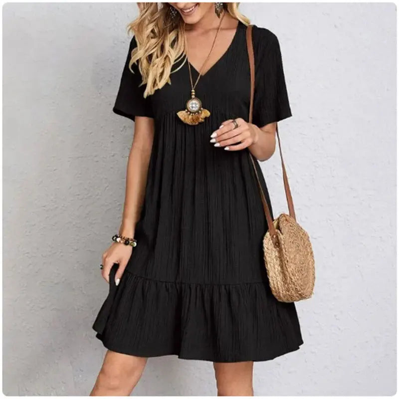 Women's Summer Peplum Dress - V-Neck Short Sleeve Ruffle Fit Flare