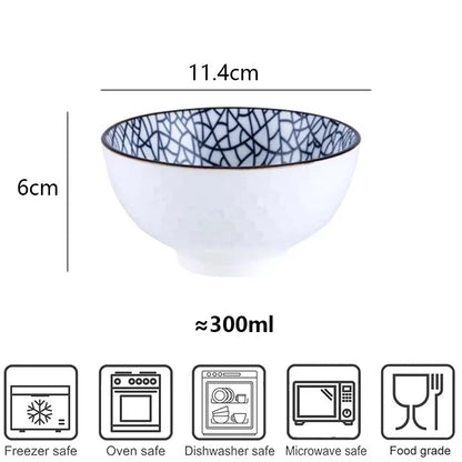 Minimalist Blue Ceramic Dinner Bowl, (300ml) Authentic Flowered Pottery Set, Available in 2/4/6 PCS Set